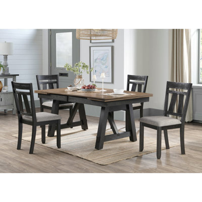 Table de salle à manger rectangulaire de style transitionnel, 6 sièges, feuilles autoportantes, bois, finition gris anthracite blé, base à tréteaux avec pieds, bois de chalet