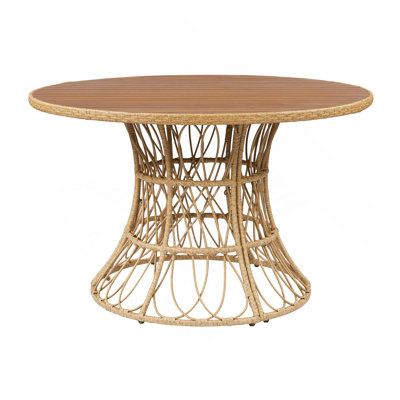 Table de salle à manger d'extérieur durable - plateau rond en bois d'acacia et base en osier, table de patio en teck pour 4 à 6, mobilier d'extérieur de jardin (compatible avec les chaises assorties)