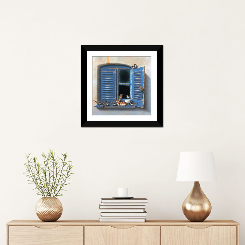 «Visiting Birds I», impression sur toile, H 16 po x l 16 po x P 1 po, Papier d'art encadré noir, Blanc