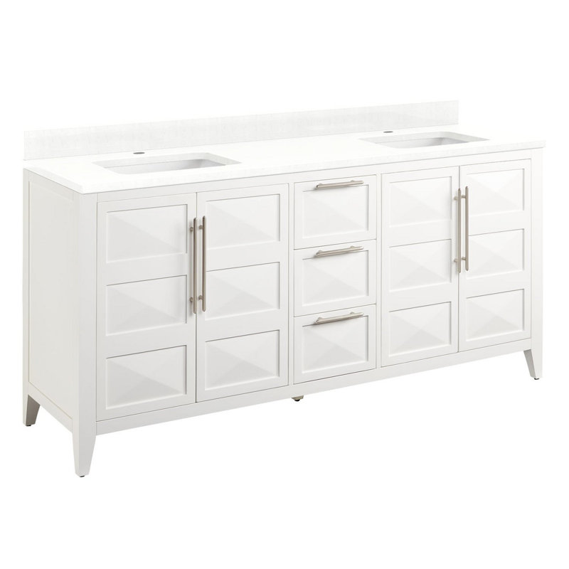 72" Holmesdale Vanity with Rectangular Undermount Sinks, Feathered White Quartz, Bright White, Single-Hole