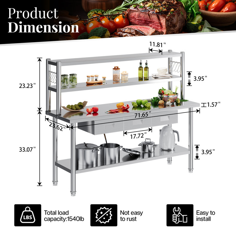 Ensemble de table en acier inoxydable Precision Zenith, table de préparation de cuisine avec tablette réglable, surface en métal certifiée NSF (inclut les roues et le dosseret) pour la cuisine, le restaurant, l'hôtel et le garage