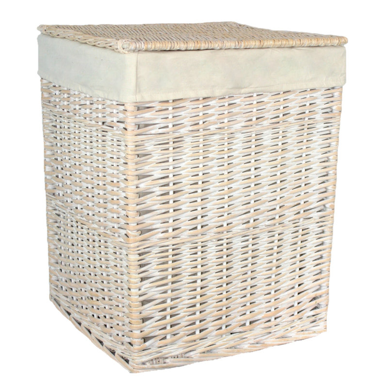 2 Piece Wicker Lined Laundry Basket Set, White Wash