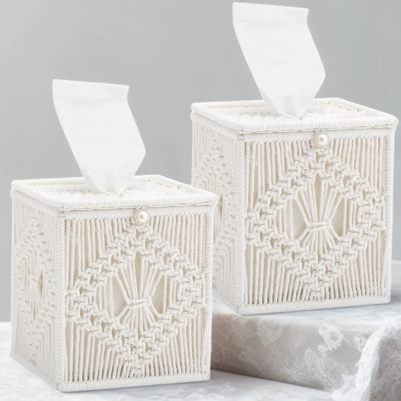Boîte à mouchoirs en macramé avec fond ouvert, porte-mouchoirs en corde de coton tissé à la main pour boîtes carrées, organisateur de style bohème pour chambre, salle de bain, salon, bureau, ensemble de deux