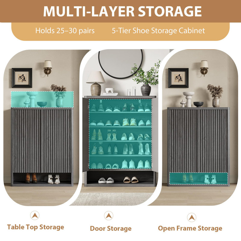 2 Pack Fluted Door Shoe Cabinet, Wooden Storage Organizer with Adjustable Shelves, Gray