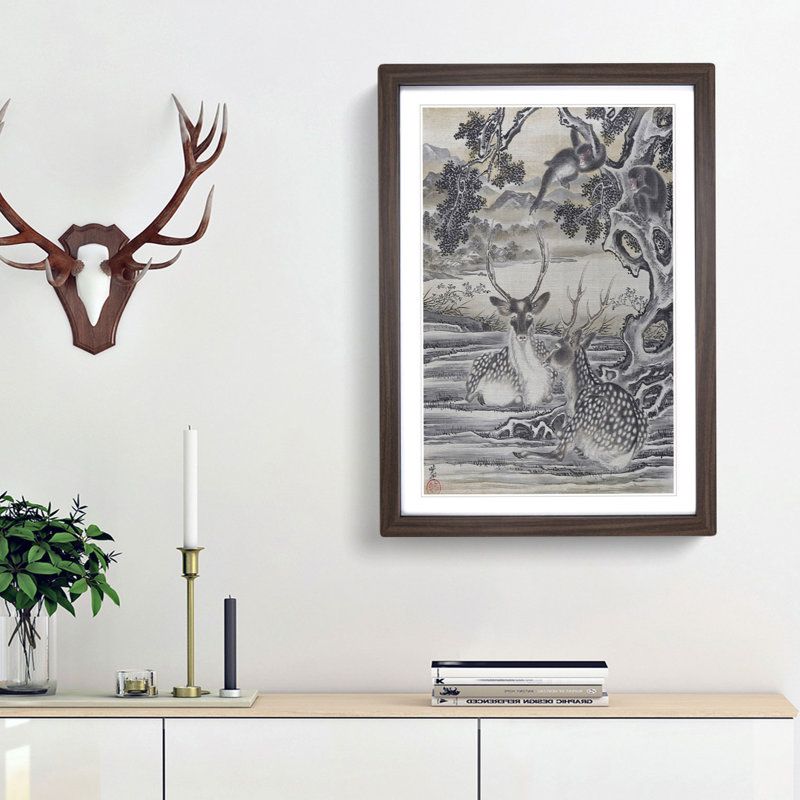 Deer Below the Monkeys by Kawanabe Kyosai - Picture Frame Painting Print, Walnut Framed, 65cm H x 48cm W x 2cm D