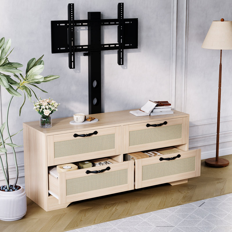 Meuble télé en rotin avec support - Meuble télé 4 tiroirs avec commode pour téléviseur de 70 po ou moins, Bois naturel