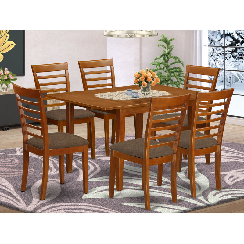 7 Piece Kitchen Table Set Consist of a Rectangle Dining Table with Butterfly Leaf and 6 Linen Fabric Dining Room Chairs, Saddle Brown