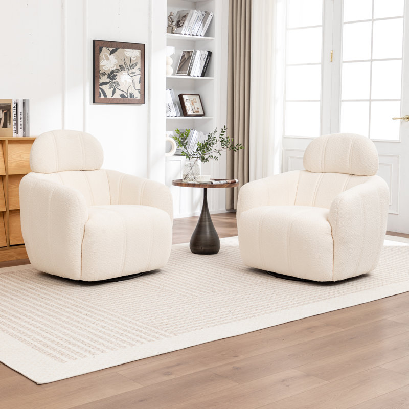 Ashyiah 32'' Wide Swivel Chair With Round Metal Base, Beige