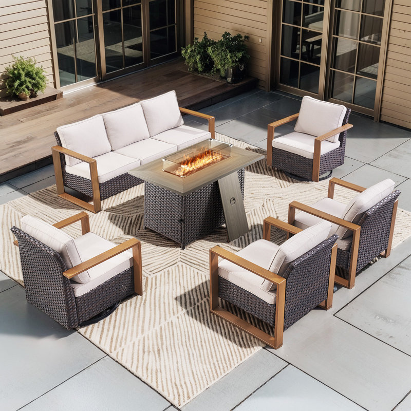Aldiana 6-Piece Outdoor Conversation Set With Swivel Gliders And Fire Pit Table, 7-Person Wicker Patio Seating With Sofa And Armchairs