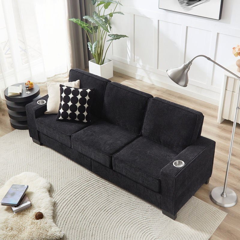 Corduroy Fabric 3 With Cup Holders - 83.86" Compressed Couch For Bedroom, Office, Living Room, Black, Black Corduroy
