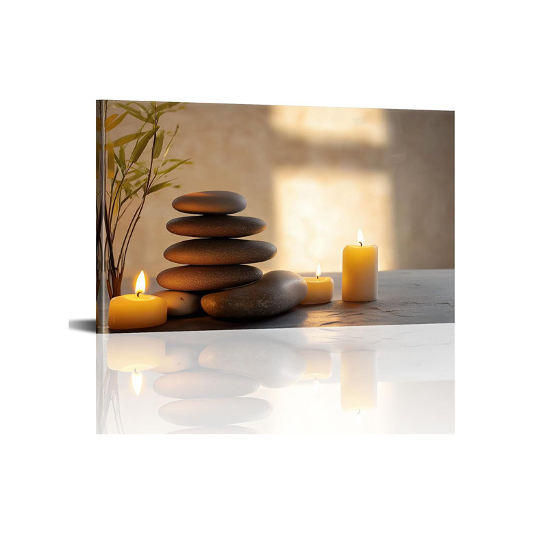 Zen Stone Wall Art Meditation Candle Canvas Painting Bamboo Print Picture Bathroom Poster Nature Relaxation Decor for Living Room Bedroom Ready to Hang