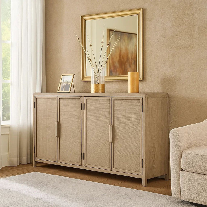 Buffet console 4 portes Giva, motifs en rotin, brun 68 po