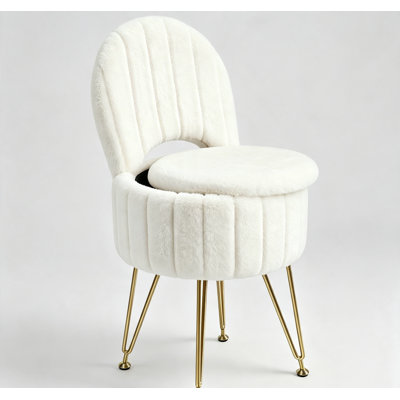 Vanity Stool Chair with Storage, Modern Faux Fur Ottoman with Folding Back, Metal Legs & Adjustable Feet for Living Room, Bedroom & Makeup Room