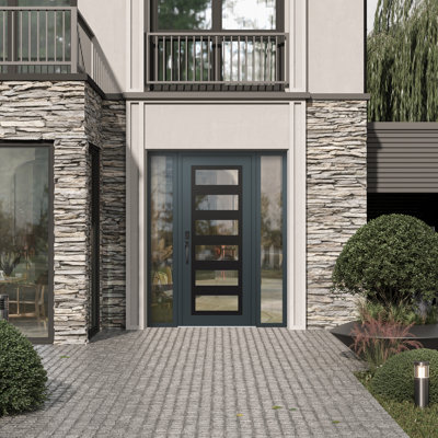 C9 à droite 64 po X 80 po Panneau d'entrée en verre noir anthracite et anthracite à panneau avec 2 portes d'entrée en verre pré-montées