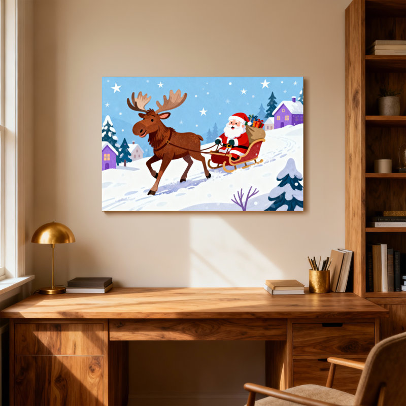 Père Noël de Noël sur un traîneau avec un renne, H 24 po x l 36 po