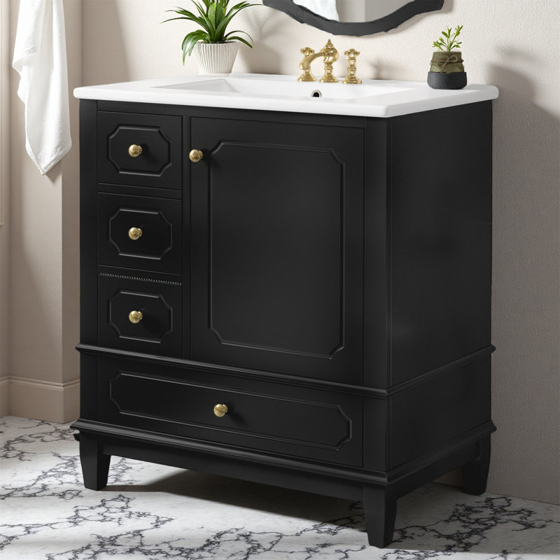 Meuble-lavabo élégant avec lavabo - meuble-lavabo autoportant noir de 30 po avec cadre en bois massif, porte à fermeture en douceur, lavabo en céramique et grand espace de rangement