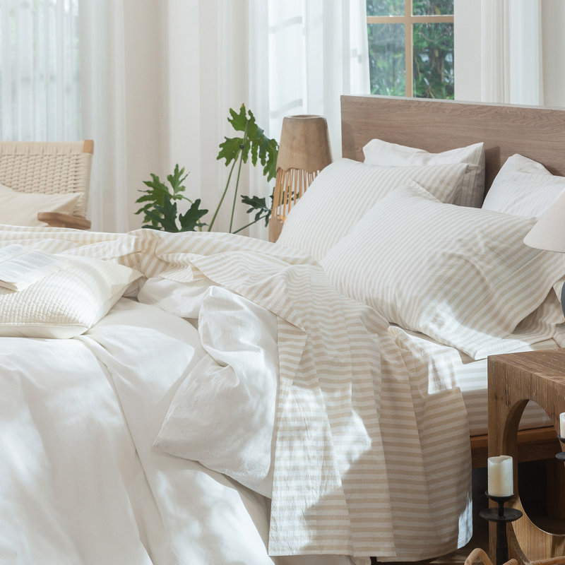 Ensemble de draps 100% coton lavé MooMee, Ensemble de draps pour très grand lit avec 2 taie