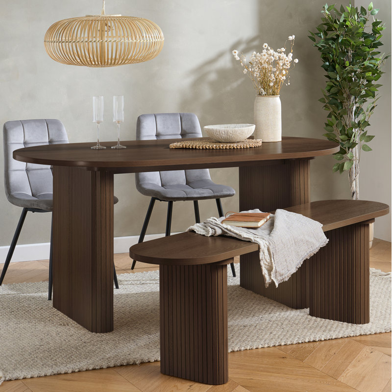 Axel Oval Fluted Dining Table With 2 Fabric Chairs 1 Bench, Dark Brown, Gray/Brown, Dark Brown