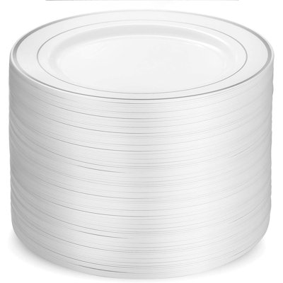 100 Piece Plastic Party Plates White With Gold Rim Disposable 10 Inch Dinner Plates