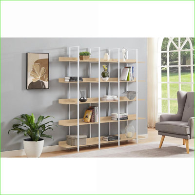 Bibliothèque à 5 niveaux avec tablette ouverte et anti-basculement Acier | Blanc + chêne | Bois aggloméré + acier