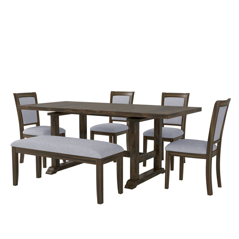 Ensemble de 6 tables de salle à manger extensibles à tréteaux de 76,9 pouces avec rallonge amovible, ensemble de table de cuisine avec chaise d'appoint rembourrée et banc, gris