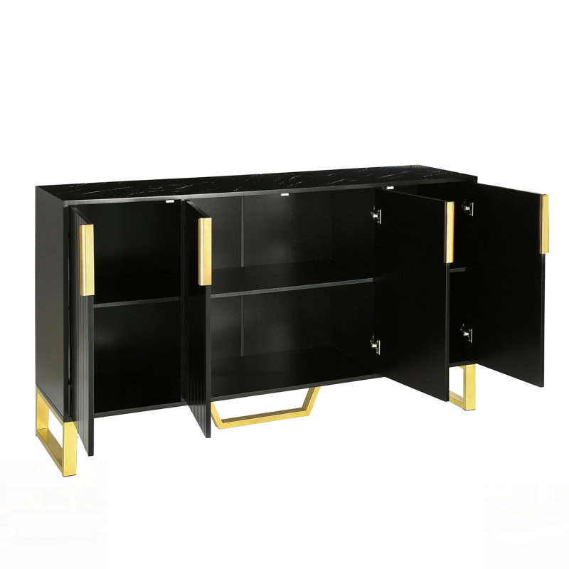 Buffet moderne à quatre portes, poignées en métal, pattes et étagères réglables pour un rangement polyvalent et une présentation élégante