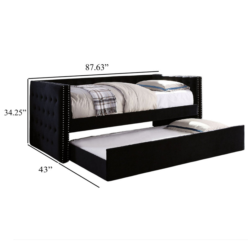 Suzo Daybed With Trundle, Black Flannelette Upholstery, Nailhead Trim, Noir, noir, noir, noir