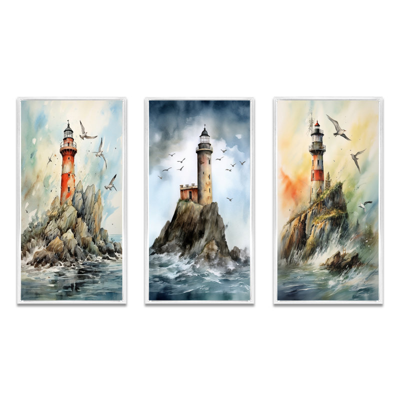«Ocean Watchtower», 3 pièces sur toile, Cadre flottant blanc, H 28 po x l 36 po