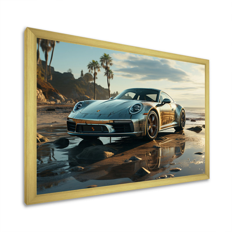 " German Car Beach Phtotography II ", Gold Single Picture Framed, 30" H x 40" W x 1.5" D