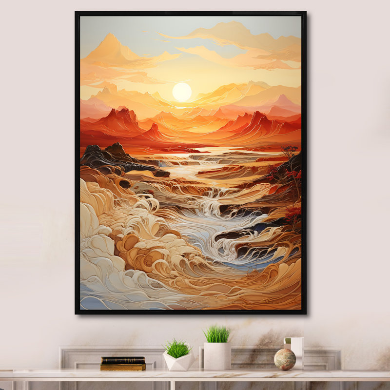 «Orange Bold Waterfall Sunrise I», art mural abstrait, Cadre flottant noir, H 40 po x l 30 po x P 1,5 po