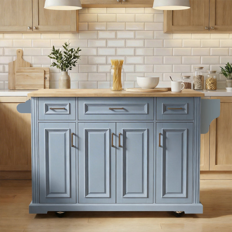 Grand îlot de cuisine à roulettes en bois d'hévéa avec rangement, Bleu