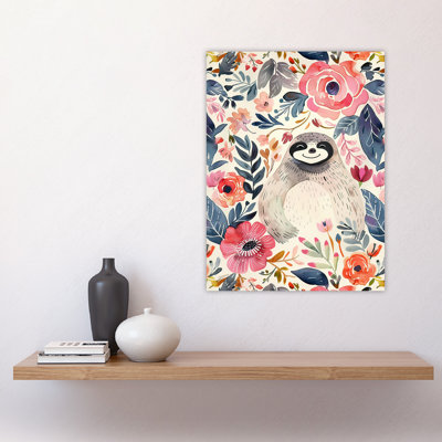 Happy Sloth Smiling Anemone Floral Pattern Wall Art Print