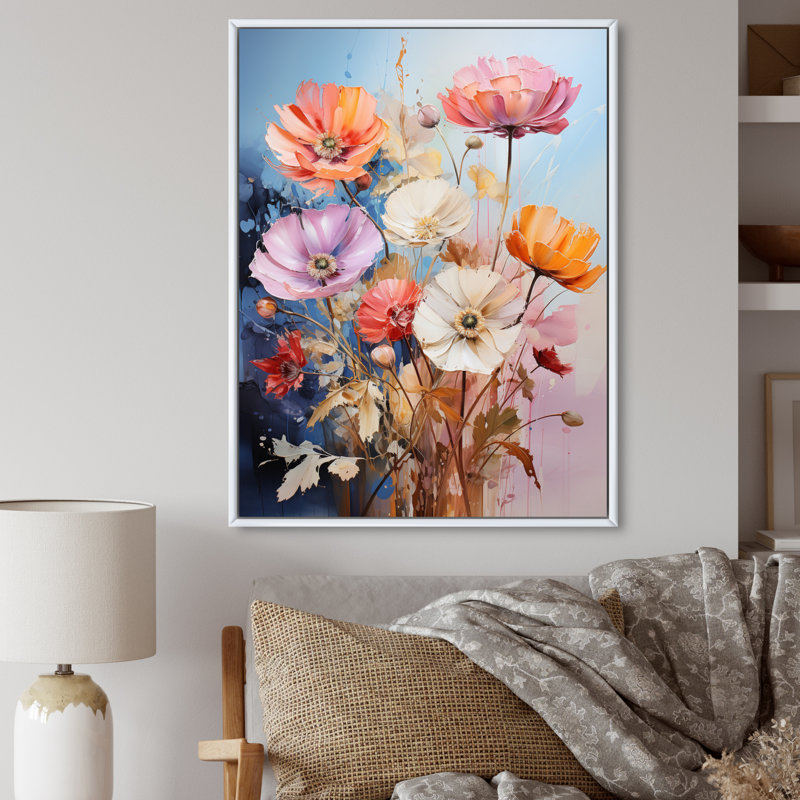 Reproduction d'art sur toile, "Bouquet de fleurs sauvages", H 32 po x l 16 po, Cadre flottant blanc