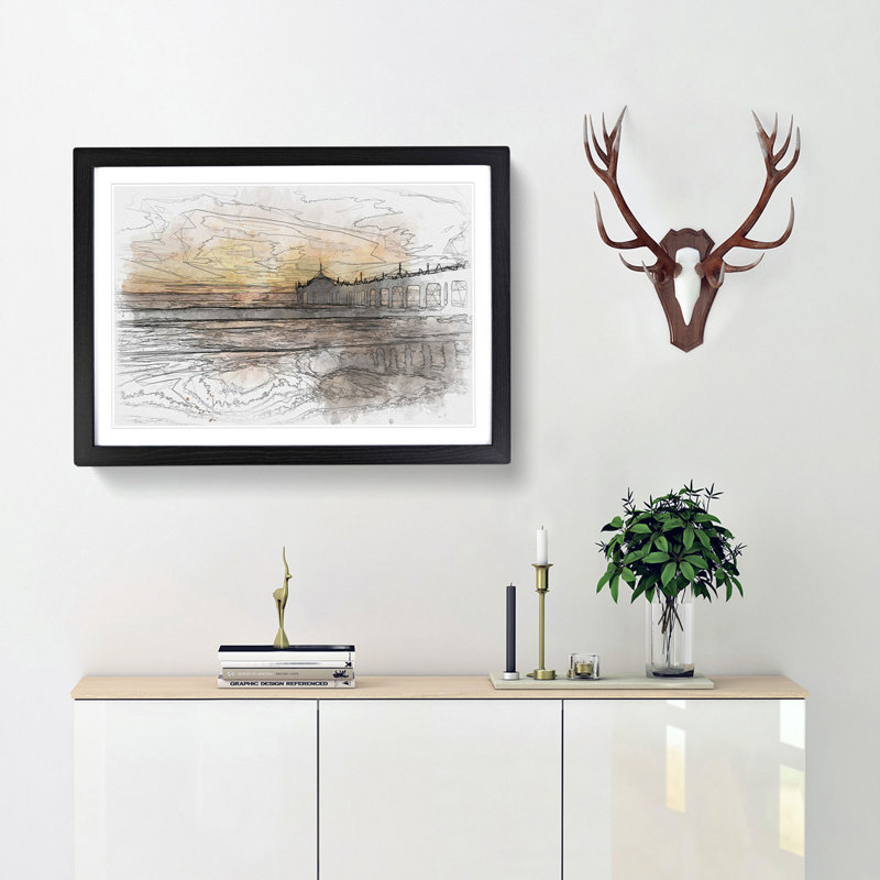 Sunset Behind the Pier Sketch - Picture Frame Graphic Art Print, Black Framed, 36cm H x 48cm W x 2cm D