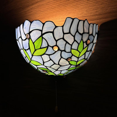 Keaney Tiffany Sconces Lamp Stained Glass Green Leaves Half Moon Pull Chain Switch LED Bulb 12"W*6"D*7"H