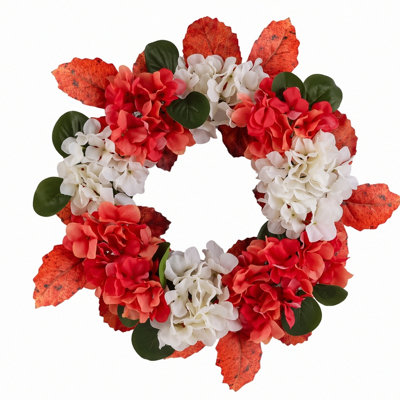 Couronne d'hortensia artificielle rouge et blanche 17,7 pouces pour porte d'entrée