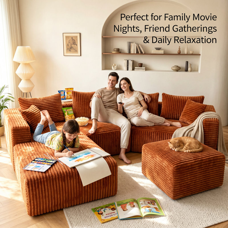 92.4" Boneless Couch, Cloud Couch Sectional, Corduroy Sofa For Living Room, U Shaped Modular Sofa With Chaise, No Assembly Left Bro.with 1 Ottomans