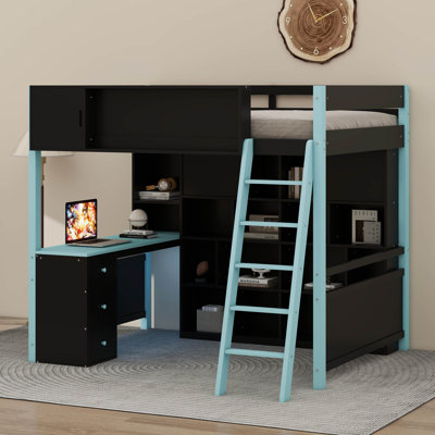 Full Size Gaming Loft Bed With Integrated Desk And Light Strip, Modern Wood Loft Bed Frame