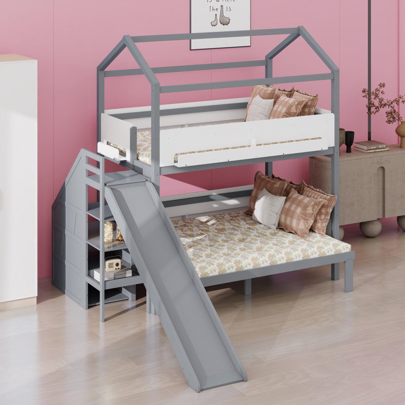 House-Shaped  Bunk Bed with Slide and Storage Staircase, Gray+White