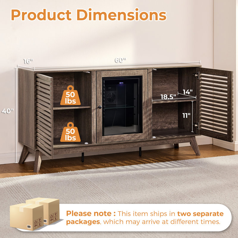 60" Wood Coffee Bar Sideboard with Built-In Beverage Refrigerator, Slatted Doors, Adjustable Shelves, and Storage for Dining Room, Home Bar, or Office