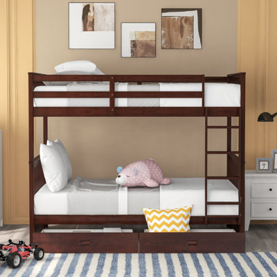 Twin Over Twin Bunk Bed with Ladders, 2 Storage Drawers, Solid Pine Wood Frame, Convertible 2 Beds, No Box Spring (Espresso)