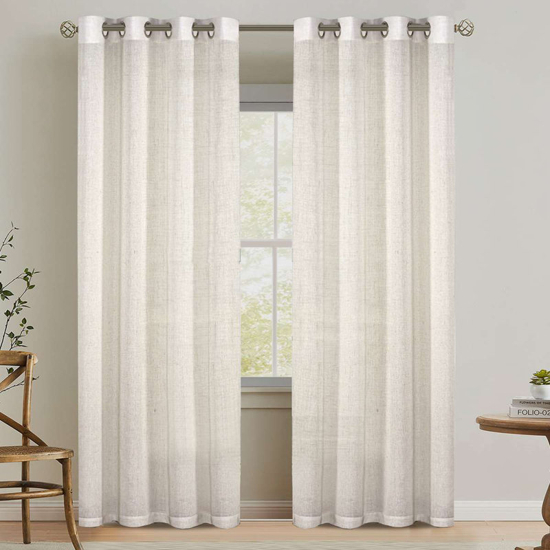 Linen Grommet Curtains for Living Room 2 Panel Drape Semi Sheer Neutral Country Rustic Farmhouse Boho Curtain Bedroom Muslin Look Light Filtering