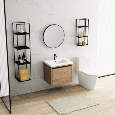 Armoire de salle de bain murale avec bassin en résine - Porte imitation chêne à fermeture douce 24 pouces