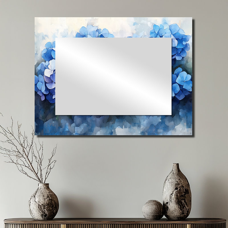 Aqua hydrangeas sur Ink River - miroir floral pour décoration murale - imprimé sur métal, 24 po x 32 po