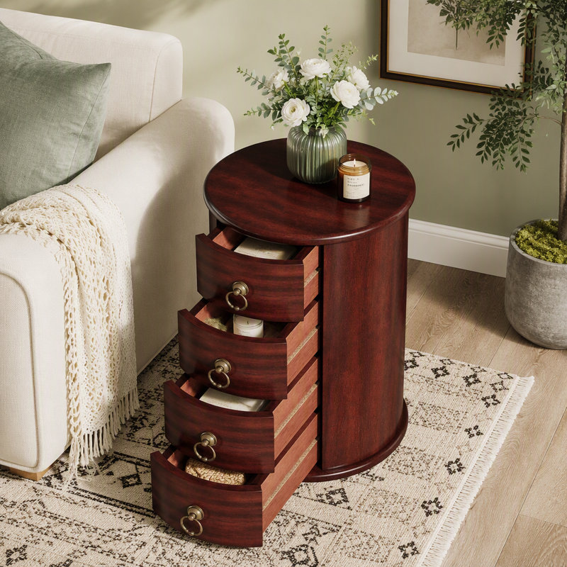 Table d'appoint ronde en bois massif avec quatre tiroirs pour un rangement facile et aucun assemblage requis