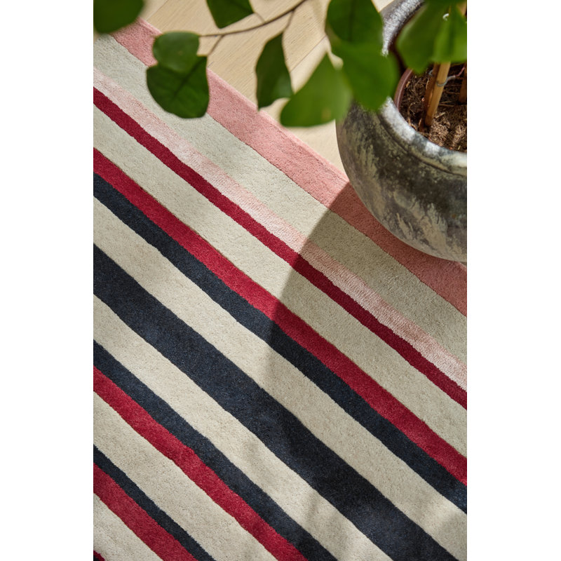 Calla Hand Tufted Wool/Rayon/Viscose Striped Area Rug in Pomegranate/Clementine/Black/White/Green, Rectangle 5'7" x 7'10"