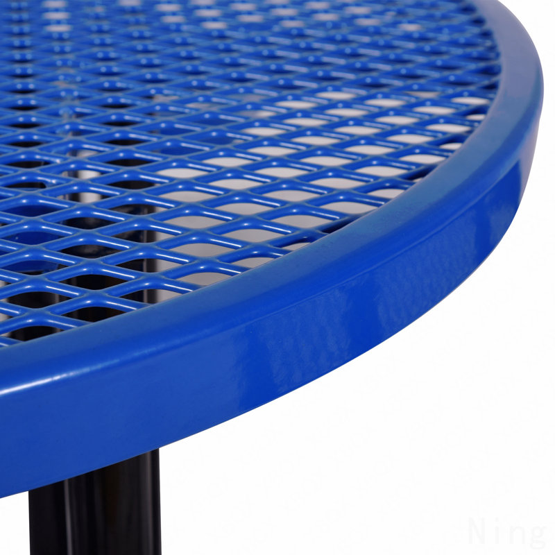 Table de pique-nique ronde ronde en acier 46 po bleu avec mât de parasol, Bleu
