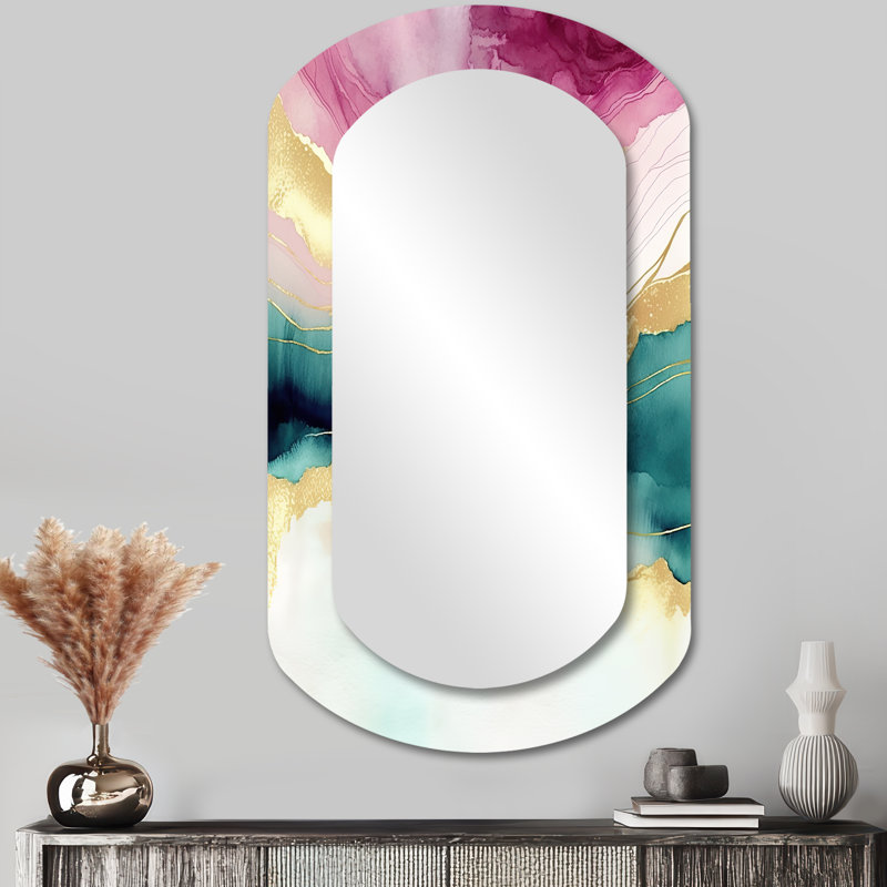 Abstrait Geode Marble Waves Pink III - décor de miroir mural unique cylindre cylindrique, grand miroir asymétrique rose, impression d'art en métal