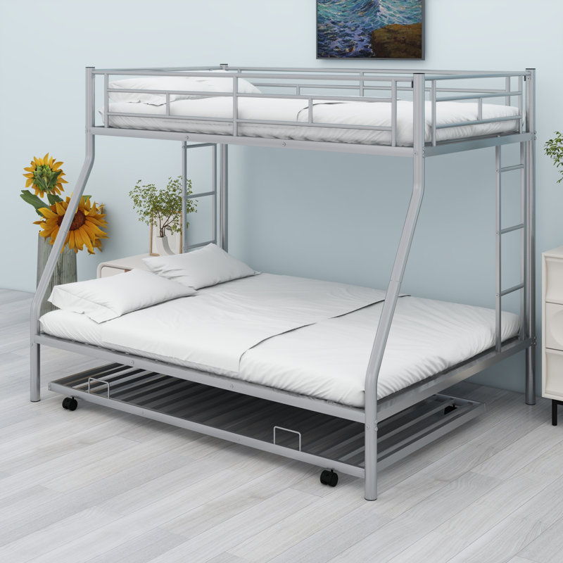 Bunk Bed With Trundle, Two-Side Ladders, Silver