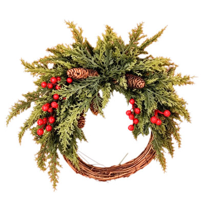 Couronne de Noël pour porte d'entrée, couronne de Noël de 50 cm (19,7 pouces), couronne de Noël en cèdre ornée de baies et de pommes de pin, décoration de Noël pour porte, porche, foyer ou fenêtre.